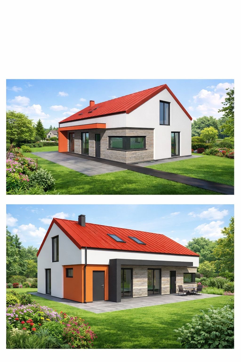 Wizualizacja domu modułowego z czerwonym dachem